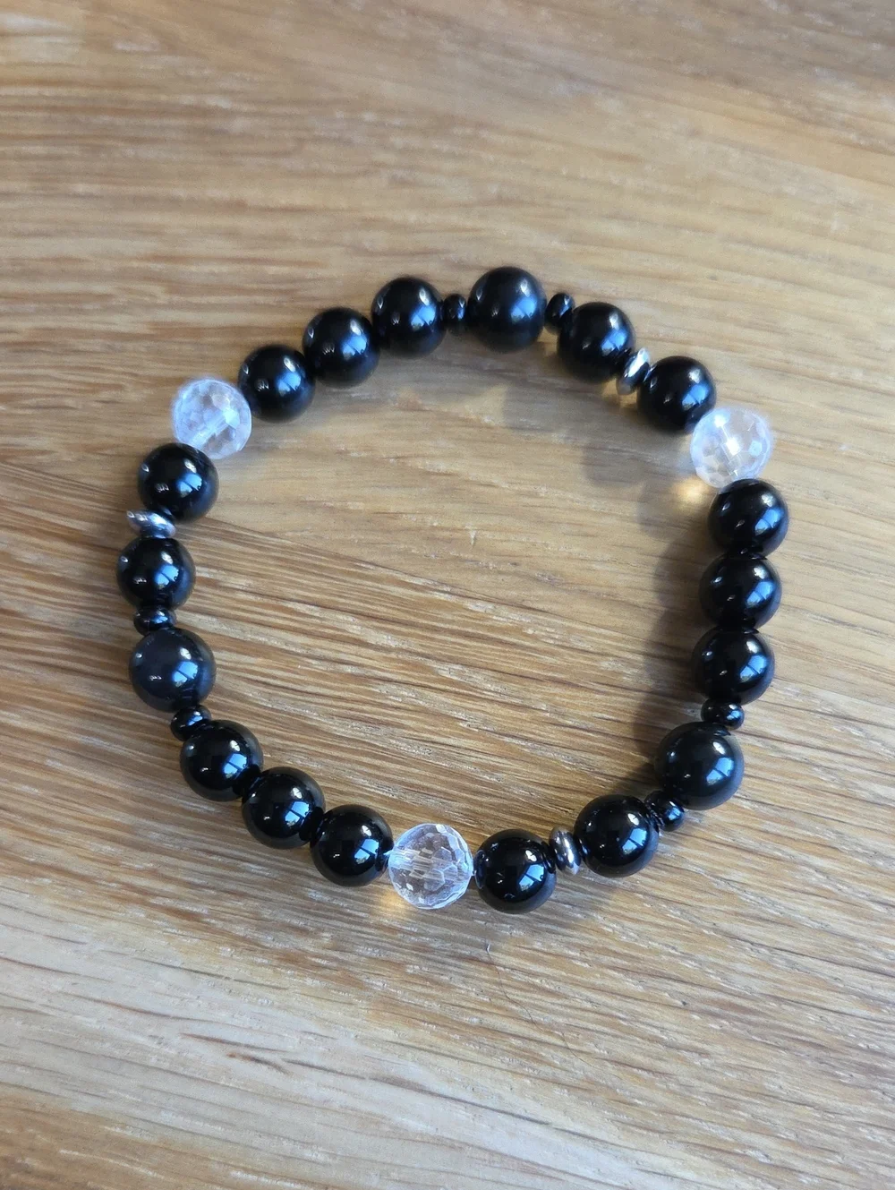 Black Onyx, Rainbow Obsidian & Clear Quartz Beaded Stretch Bracelet | Handmade